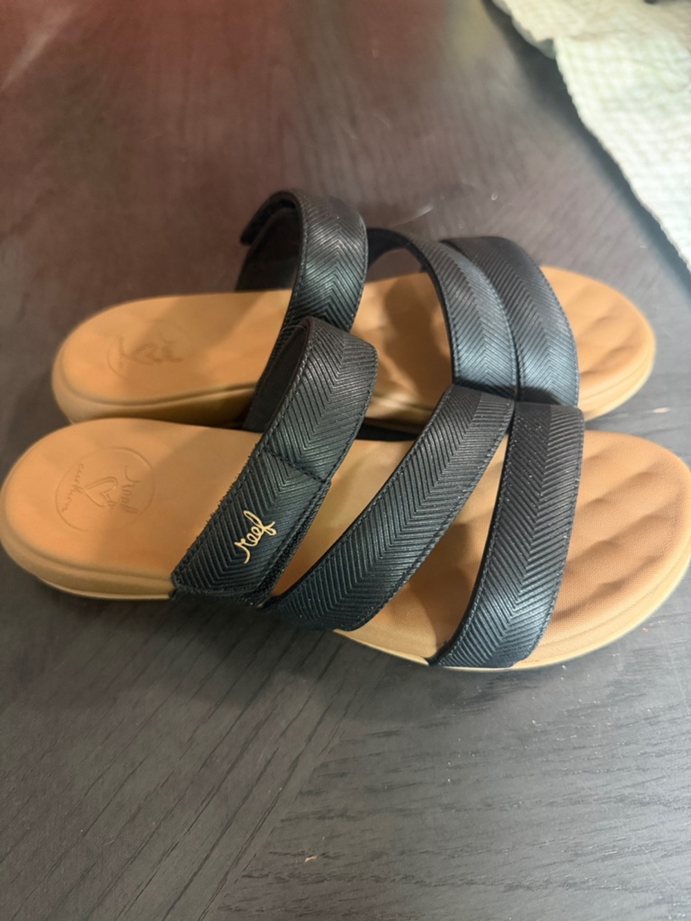 Reef Black Triple-Strap Slide Sandals with Tan Footbed